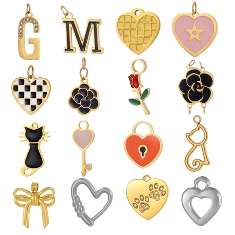 Stainless Steel Enamel Flower Cat Heart Alphabet DIY Charms Gold Silver Plated Jewelry Making Pendant For Necklace Women Accessories