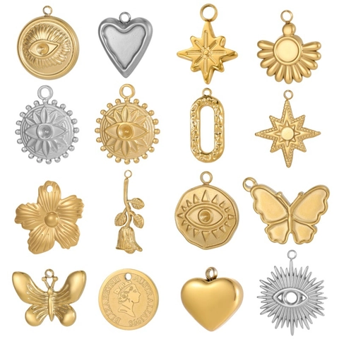 Colgante DIY de Acero Inoxidable Corazón Estrella Ojo Turco Mariposa Rosa Moneda Dije Redondo Irregular Accesorios de Joyería para Mujer