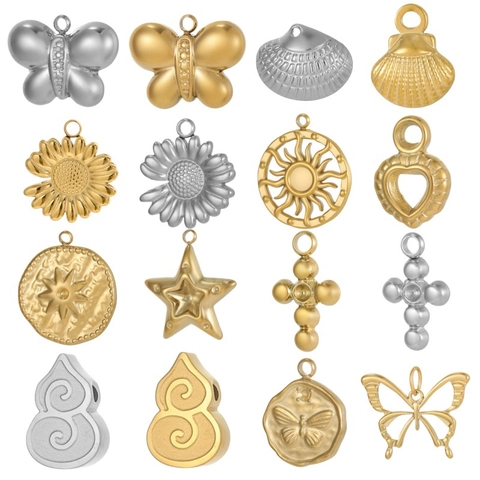 Stainless Steel DIY Butterfly Sunflower Heart Star Cross Pendants For Jewelry Making Gold Silver Small Metal Charms Accessories