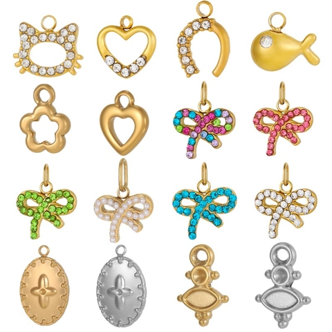 Edelstahl DIY Anhänger Charms Strass Schleife Herz Katze Fisch Für Schmuckherstellung Halskette Armband Mode Zubehör