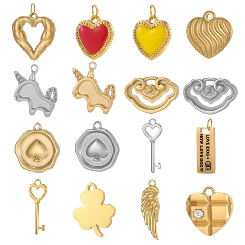 Stainless Steel DIY Jewelry Pendant For Necklace Bracelet Making Heart Unicorn Clover Dog Tag Key Spade Shape Charms