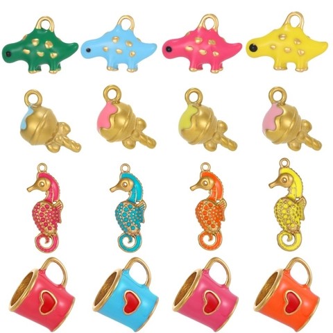 Pendentif DIY en Acier Inoxydable Émaillé Rétro Dinosaure Hippocampe Crème Glacée Cœur Forme Accessoire de Bijoux
