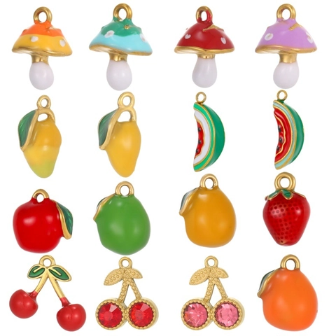 Lindos Colgantes DIY de Acero Inoxidable con Forma de Seta y Fruta Esmalte Goteo de Aceite Dijes de Strass Accesorios para Creación de Joyas Mujer Collar Pulseras