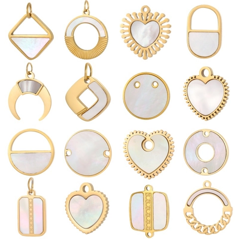 French Court Style Stainless Steel Pendant Irregular Geometric Heart Square Round Shell Inlaid DIY Jewelry Making Accessory Gold Plated Women Charm