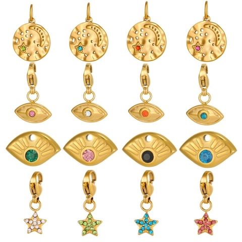 Retro Stainless Steel Evil Eye Charms For Jewelry Making Gold Plated Rhinestone Celestial Star Moon Pendants For Women