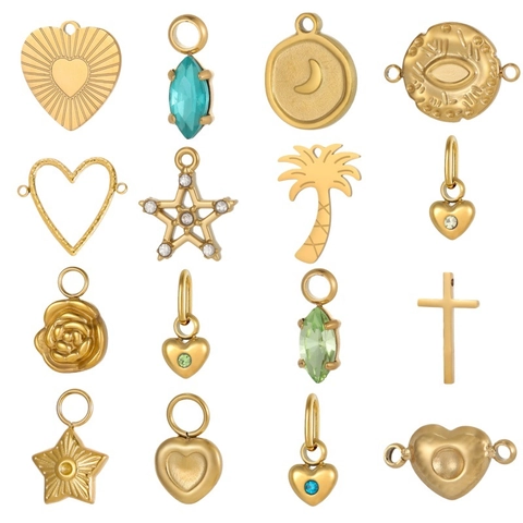 Stainless Steel Gold Plated DIY Jewelry Pendant Charm With Rhinestone Heart Cross Star Palm Tree Shape For Necklace Making
