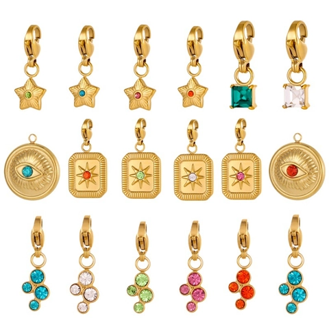 Stainless Steel DIY Jewelry Pendants Charms With Lobster Clasp Rhinestone Inlaid Evil Eye Star Square Plate Accessories For Necklace Bracelet Making