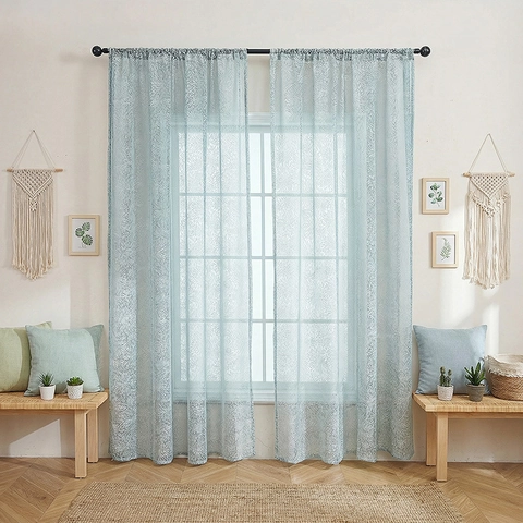 Minimalist Light Blue Sheer Curtains Polyester Translucent Starburst Floral Pattern Rod Pocket Window Treatments Home Decor