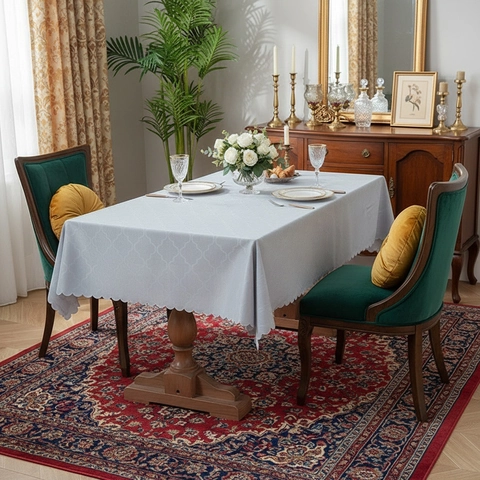 Nappe Jacquard en Polyester Minimaliste Bord Festonné Rectangulaire Anti-poussière Motif Géométrique Couvre-table Décoration Maison Cuisine