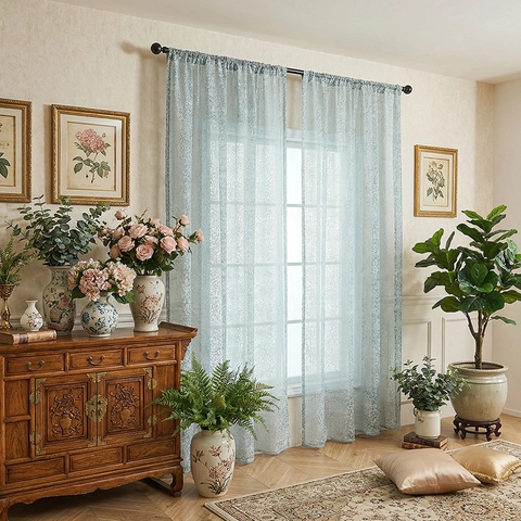 Minimalist Light Blue Sheer Curtains Polyester Translucent Starburst Floral Pattern Rod Pocket Window Treatments Home Decor