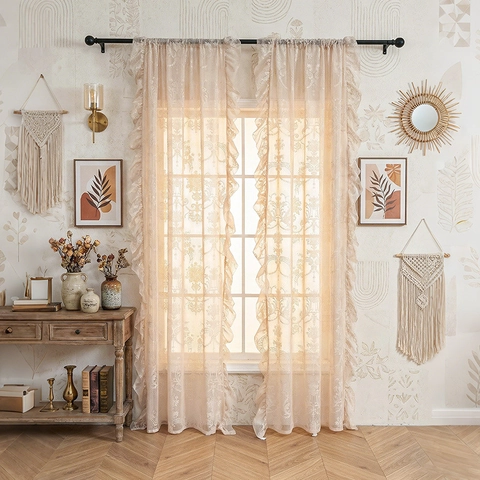 Tenda per Porta in Pizzo Vintage Francese Bordo a Volant Jacquard Floreale Semi Oscurante Filtraggio Luce Tenda in Rete di Poliestere per Soggiorno Camera da Letto