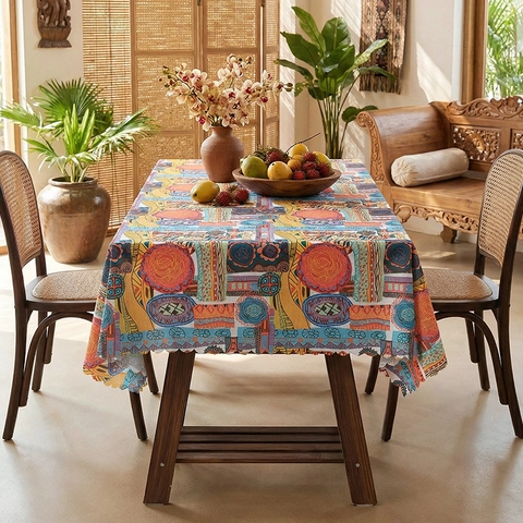 Bohemian Ethno-Stil Polyester Tischdecke Retro Geometrisch Bedruckt Mandala Esstischdecke Mit Quasten Wellenrand Haus Deko