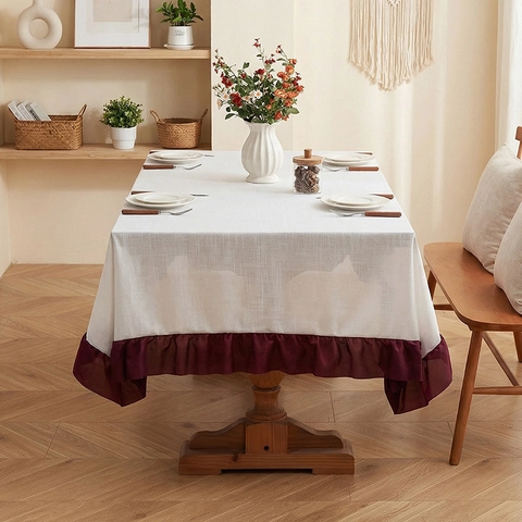 Mantel de Poliéster Minimalista Moderno Con Elegante Borde de Volantes Cubierta de Mesa de Comedor Rectangular Color Sólido Decoración Boda Hogar