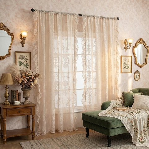 Tenda per Porta in Pizzo Vintage Francese Bordo a Volant Jacquard Floreale Semi Oscurante Filtraggio Luce Tenda in Rete di Poliestere per Soggiorno Camera da Letto
