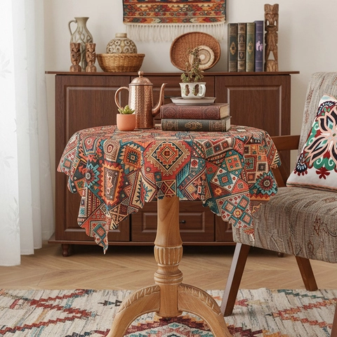Mantel de Poliéster Estampado Étnico Bohemio Borde Festoneado Cubierta de Mesa Antipolvo para Comedor Sala de Estar Hogar