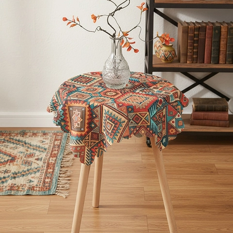 Mantel de Poliéster Estampado Étnico Bohemio Borde Festoneado Cubierta de Mesa Antipolvo para Comedor Sala de Estar Hogar