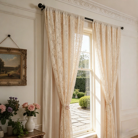 French Vintage Double Layer Lace Blackout Curtains For Living Room Bedroom Polyester Floral Warp Knitted Rod Pocket Milk Tea Color Curtains