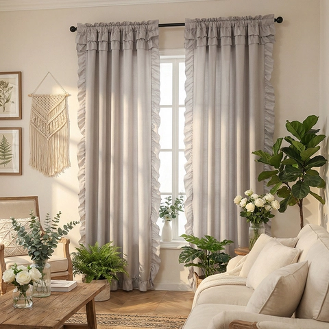 French Cream Style Polyester Window Curtains With Ruffles Herringbone Texture Semi Shading Solid Color Drapes For Living Room