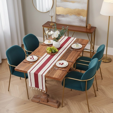 Camino de Mesa Tejido Boho Con Borlas Rayado Poliéster Decoración de Mesa para Comedor Cocina Boda Fiesta Navidad Mantel