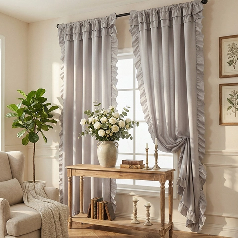 French Cream Style Polyester Window Curtains With Ruffles Herringbone Texture Semi Shading Solid Color Drapes For Living Room