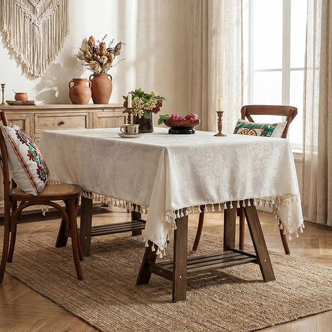 Mantel Jacquard Floral Vintage Americano Con Borlas Cubierta de Mesa Rectangular Antipolvo de Poliéster para Decoración de Comedor