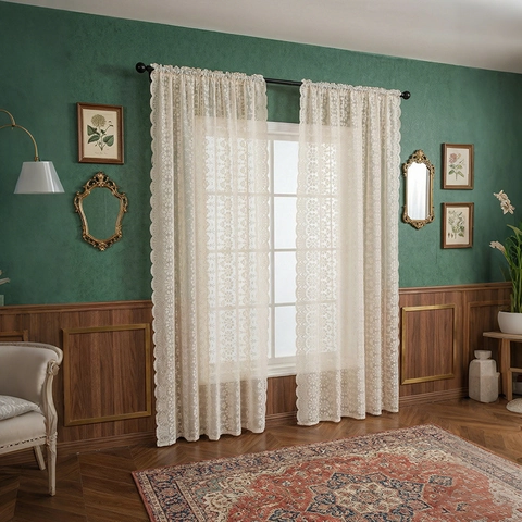 French Retro Lace Curtain Floral Hollow Out Sheer Scalloped Edge Window Door Drape For Bedroom Living Room Off-white Polyester