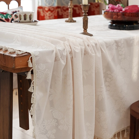 Mantel Jacquard Floral Vintage Americano Con Borlas Cubierta de Mesa Rectangular Antipolvo de Poliéster para Decoración de Comedor