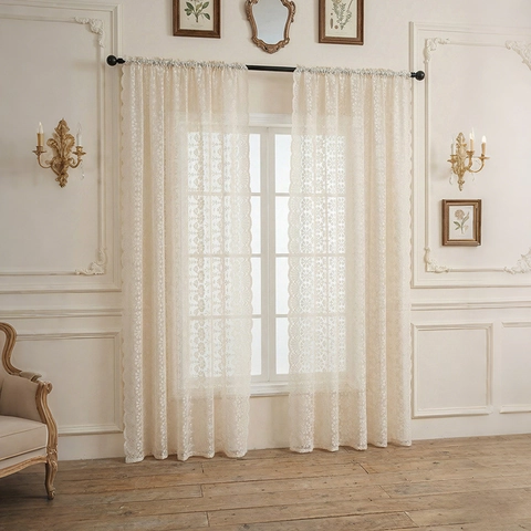 French Retro Lace Curtain Floral Hollow Out Sheer Scalloped Edge Window Door Drape For Bedroom Living Room Off-white Polyester