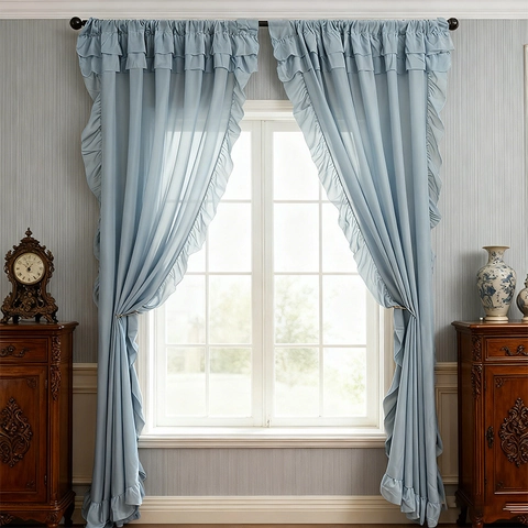 Cortinas Traslúcidas de Color Sólido Moderno Minimalista Con Volantes Románticos para Sala de Estar Dormitorio Poliéster Semi Oscuro