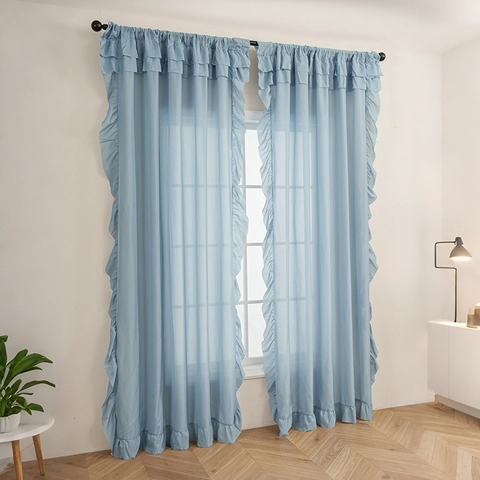 Cortinas Traslúcidas de Color Sólido Moderno Minimalista Con Volantes Románticos para Sala de Estar Dormitorio Poliéster Semi Oscuro