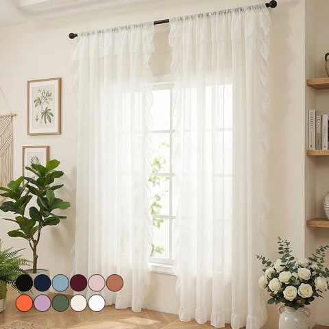 French Romantic Ruffle Edge Sheer Curtains Solid Color Rod Pocket Voile Window Treatment For Bedroom Living Room Decor