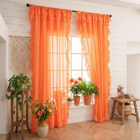 Solid Color Ruffled Sheer Window Curtains French Romantic Voile Drapes With Ruffle Edges For Bedroom Living Room Decor