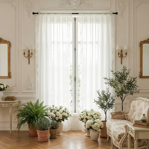 French Romantic Ruffle Edge Sheer Curtains Solid Color Rod Pocket Voile Window Treatment For Bedroom Living Room Decor