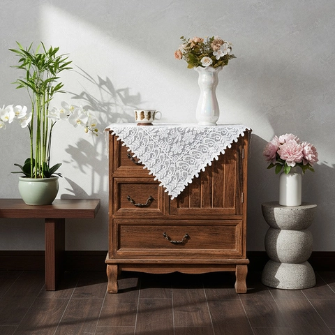 Nappe en Dentelle Blanche Vintage Français Broderie Florale Chemin de Table Ajouré Avec Glands Décoration Maison