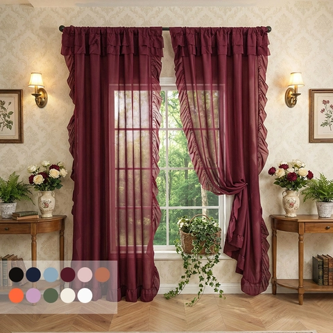 Modern Solid Color Sheer Curtains With Ruffle Edges Polyester Light Filtering Window Drape For Living Room Bedroom Home Decor