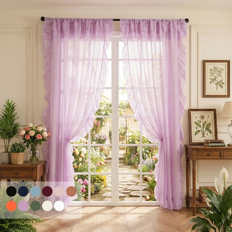 Modern Ruffle Sheer Curtains For Bedroom Living Room Solid Color Polyester Light Filtering Window Gauze Voile Panels
