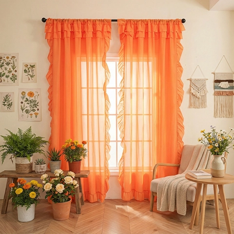 Solid Color Ruffled Sheer Window Curtains French Romantic Voile Drapes With Ruffle Edges For Bedroom Living Room Decor