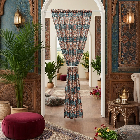 Bohemian Southeast Asian Style Door Curtain Polyester Geometric Mandala Pattern Room Partition Shading Hanging Curtain For Home Kitchen Entrance Decor