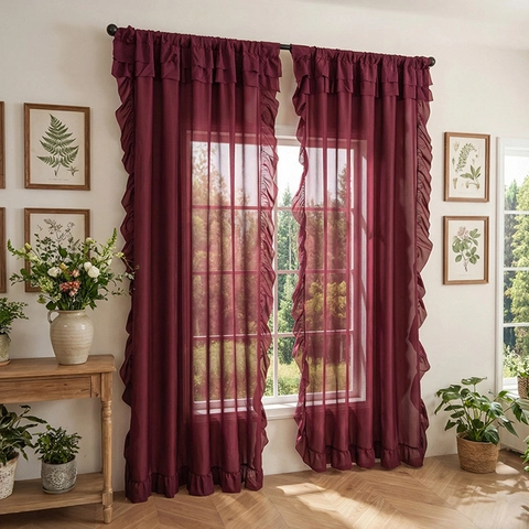 Modern Solid Color Sheer Curtains With Ruffle Edges Polyester Light Filtering Window Drape For Living Room Bedroom Home Decor