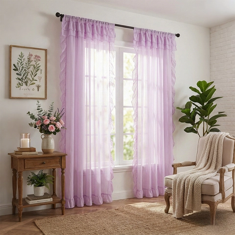Modern Ruffle Sheer Curtains For Bedroom Living Room Solid Color Polyester Light Filtering Window Gauze Voile Panels