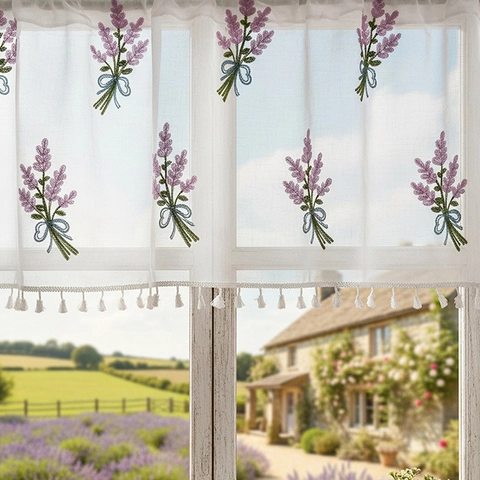 Pastoral White Lace Coffee Curtain With Lavender Floral Embroidery And Tassel Trim Short Window Valance For Kitchen Home