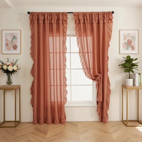 French Ruffled Sheer Curtains Solid Color Polyester Voile Window Drapes For Bedroom Living Room Home Decor Panels