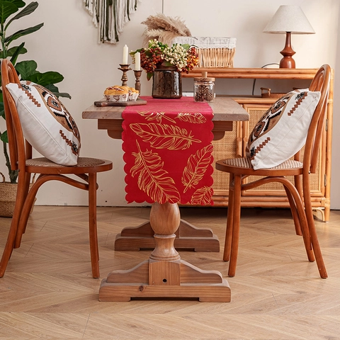Camino de Mesa Lujo Bronceado Pluma Dorada Borde Festoneado Mantel Poliéster para Mesa de Comedor Hogar Fiesta Boda Decoración