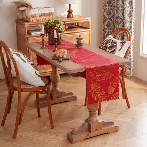 Camino de Mesa Lujo Bronceado Pluma Dorada Borde Festoneado Mantel Poliéster para Mesa de Comedor Hogar Fiesta Boda Decoración