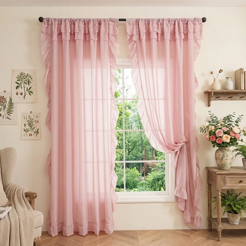Solid Color Sheer Curtains With Romantic Ruffle Edges Semi Transparent Rod Pocket Polyester Drapes For Living Room Decor