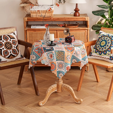 Boheemse Mandala Tafelkleed Vintage Etnische Stijl Geometrisch Patroon Polyester Golvende Rand Rond Vierkant Tafelkleed Voor Home Kitchen Dining Decor