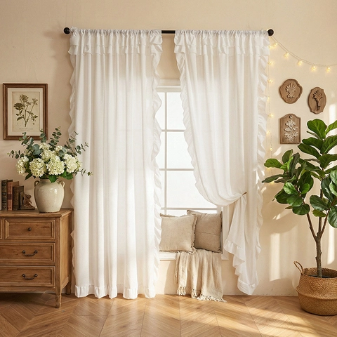 French Style Ruffle Polyester Curtain Solid Color Semi Shading Window Drapes For Bedroom Living Room Rod Pocket Decor