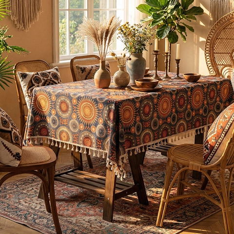 Bohemian Mandala Tablecloth Vintage Ethnic Pattern Rectangle Table Cover With Tassels Scalloped Edge Home Decor Tablecloth