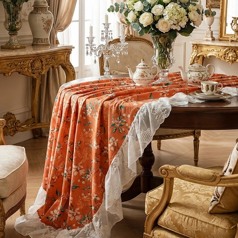Mantel Vintage Francés Con Borde De Encaje Poliéster Rectangular Y Redondo Cubierta Decorativa Para Mesa De Comedor