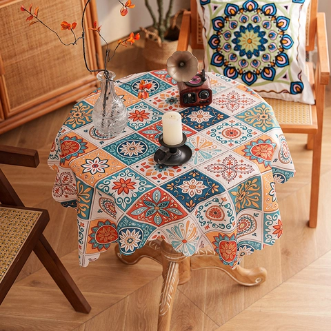 Boheemse Mandala Tafelkleed Vintage Etnische Stijl Geometrisch Patroon Polyester Golvende Rand Rond Vierkant Tafelkleed Voor Home Kitchen Dining Decor